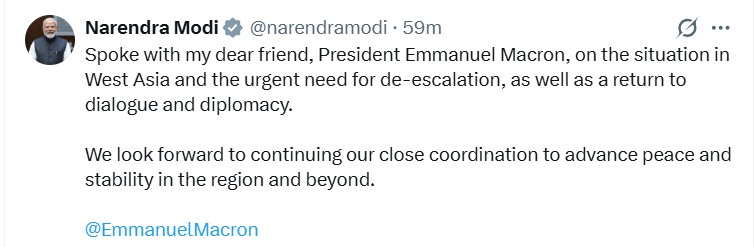 PM Modi speaks with French President Emmanuel Macron on West Asia Situation 