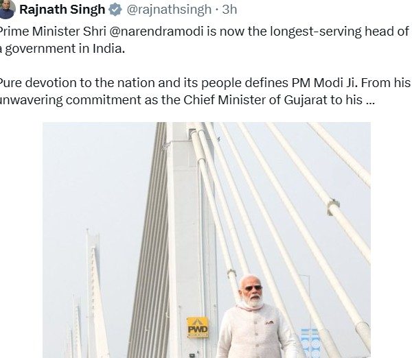 रक्षा मंत्री राजनाथ सिंह ने सबसे लंबे समय तक शासनाध्यक्ष रहने पर प्रधानमंत्री नरेंद्र मोदी को बधाई दी