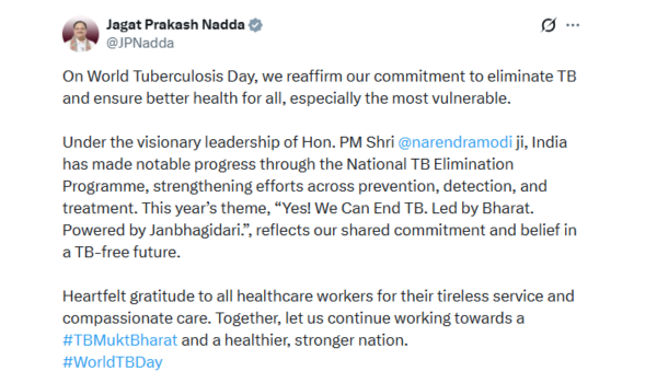 Health Minister JP Nadda Urges Citizens to Eliminate TB on World Tuberculosis Day