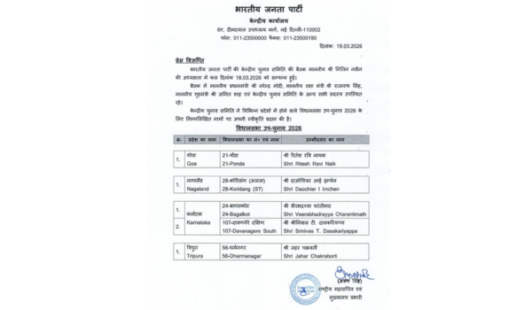 भाजपा ने  विभिन्न राज्यों में विधानसभा उपचुनाव 2026 के लिए अपने उम्मीदवारों की घोषणा की