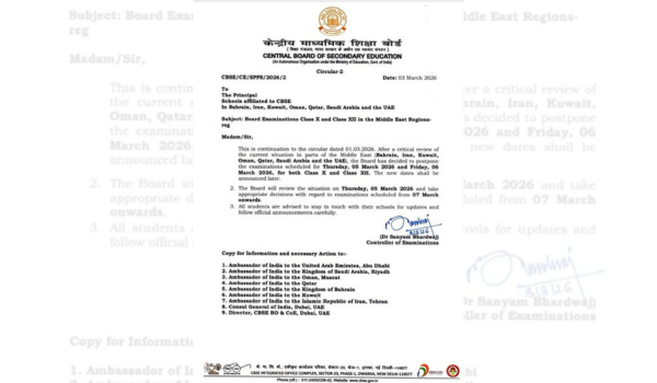सीबीएसई  ने पश्चिम एशिया क्षेत्र में 5 और 6 मार्च को होने वाली 10वीं और 12वीं की परीक्षाओं को स्थगित किया
