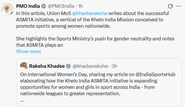 PM Modi Shares MoS Raksha Khadse’s Article on Gender Neutrality in Sports