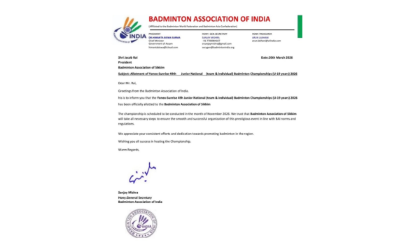 Sikkim to host 49th Yonex Sunrise Junior National Badminton Championship 2026