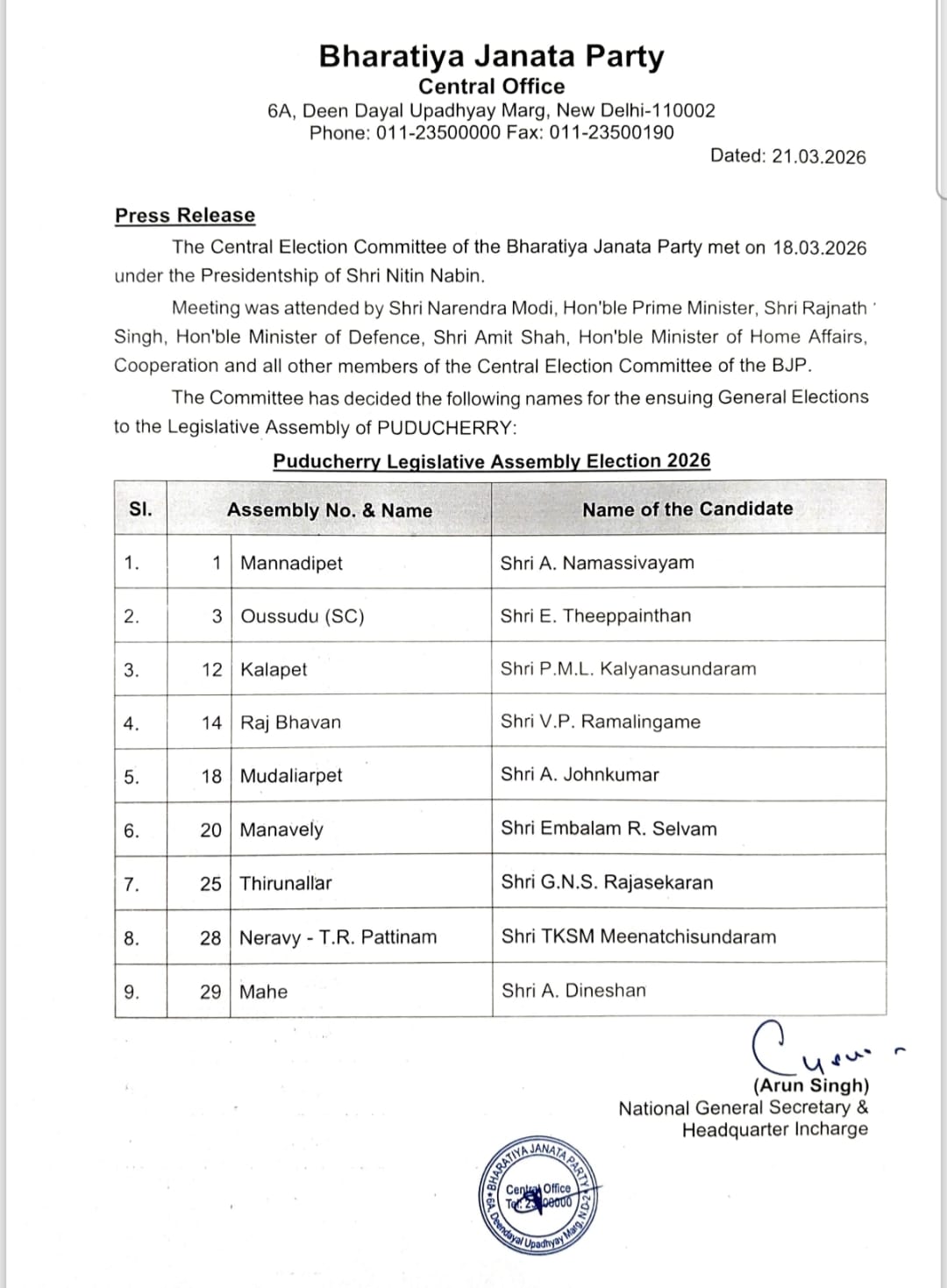 भाजपा ने पुद्दुचेरी विधानसभा चुनाव के लिए 9 उम्मीदवारों की सूची जारी की