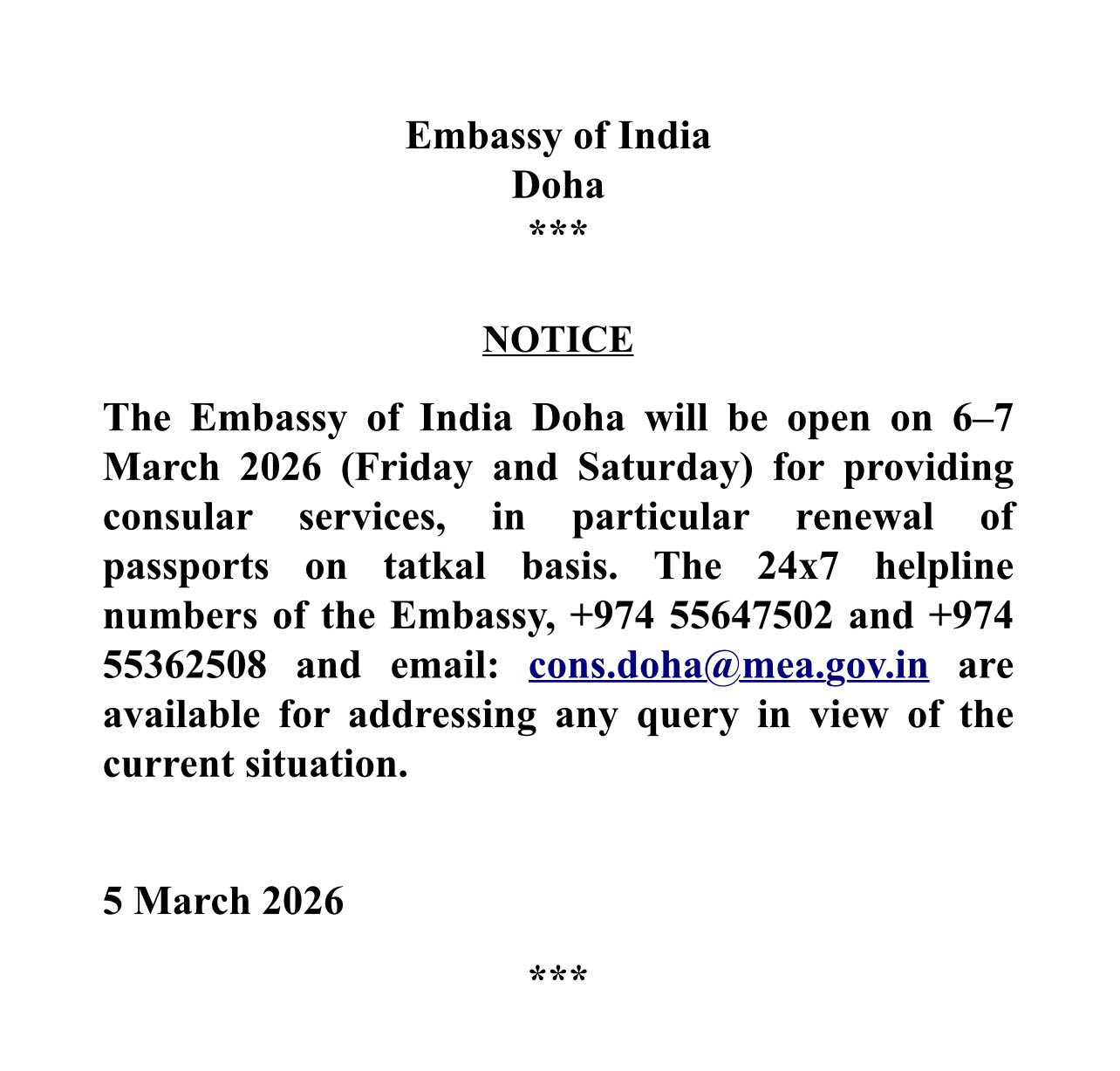 Embassy of India in Doha Opens for Consular Services Amid Current Situation