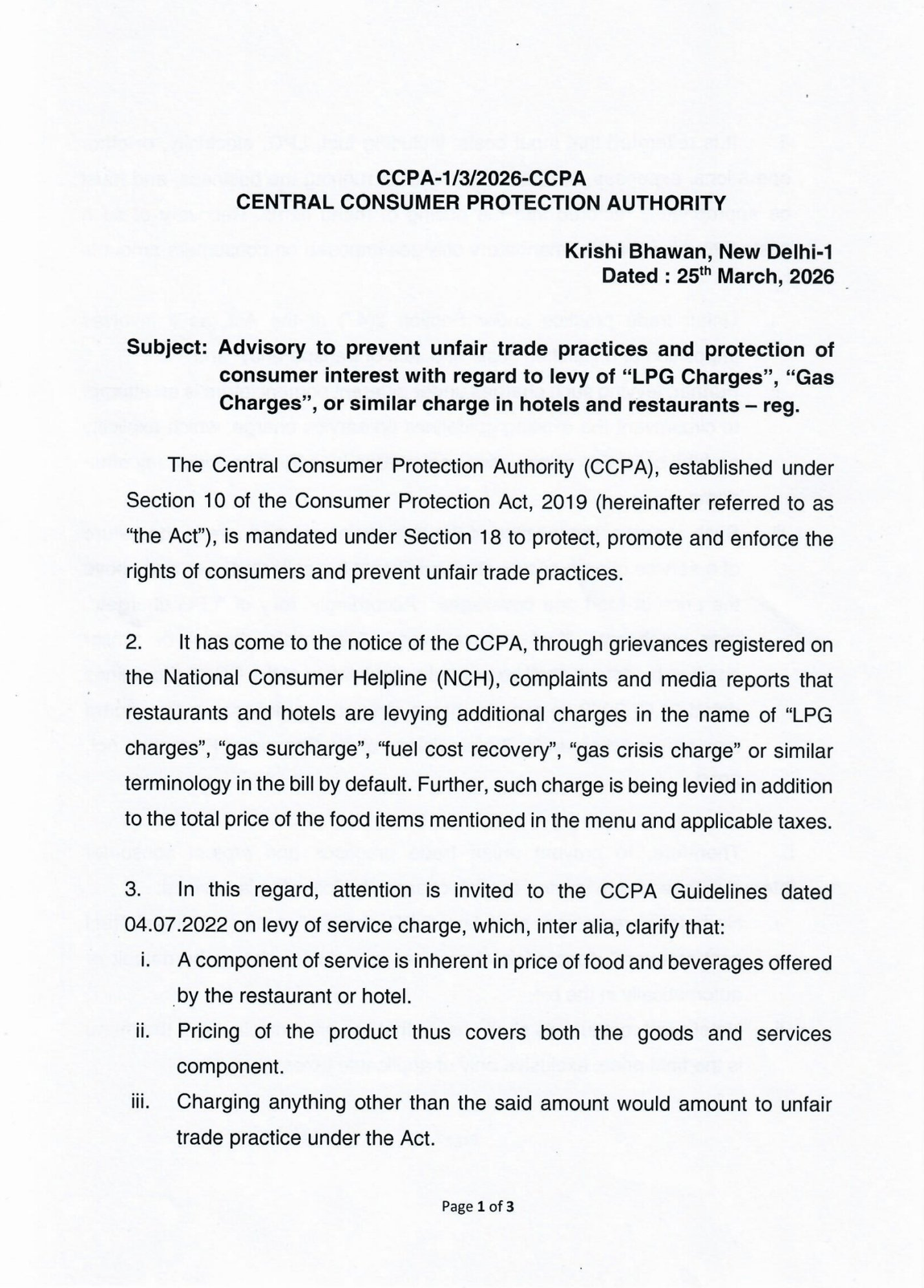 होटलों और रेस्‍त्रां को उपभोक्ताओं से एलपीजी और ईंधन लागत जैसे अतिरिक्त शुल्क न वसूलने के निर्देश