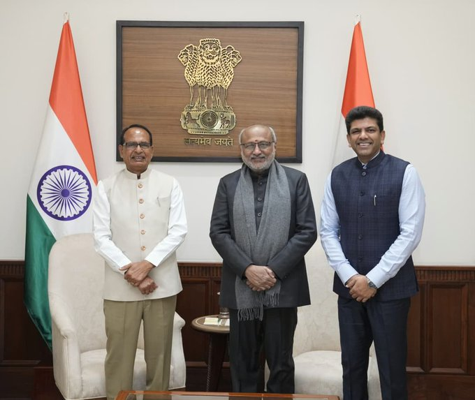 Union Minister Shivraj Singh Chouhan & MoS Chandra Sekhar Pemmasani call on VP Radhakrishnan at Parliament House