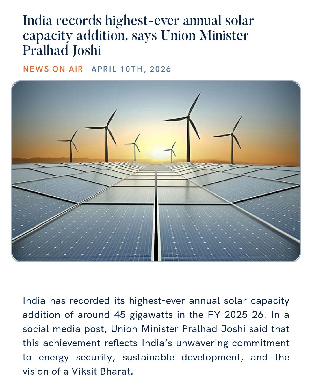 PM Modi shares article highlighting India’s achievement in recording its highest-ever annual solar capacity addition