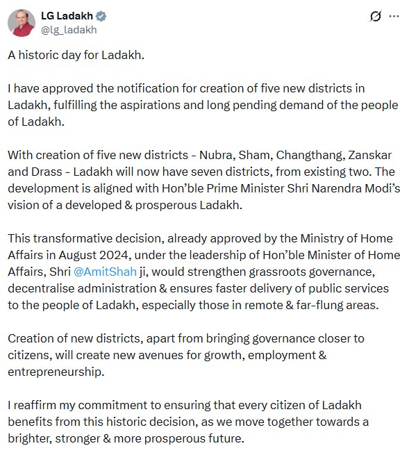 লাদাখের উপ রাজ্যপাল বিনয় কুমার সাক্সেনা ৫-টি নতুন জেলা নির্মাণের অনুমোদন করেছেন।