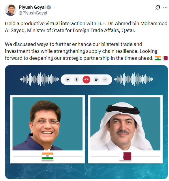 Union Minister Piyush Goyal virtually interacts with Qatari MoS for Foreign Trade Affairs, Dr Ahmed bin Mohammed Al Sayed