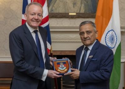 CDS General Anil Chauhan interacts with UK counterpart Air Chief Marshal Richard Knighton