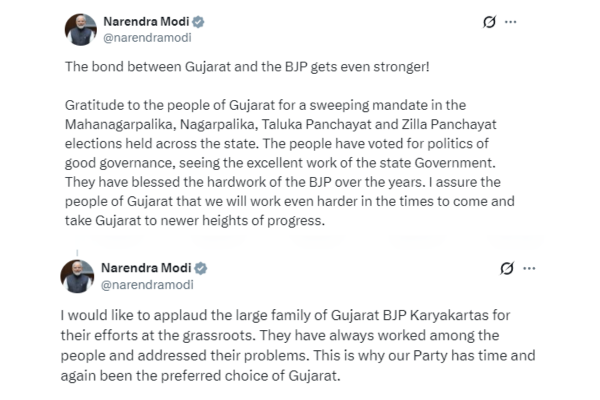 भाजपा के वरिष्ठ नेता और प्रधानमंत्री मोदी ने गुजरात निकाय चुनावों में भाजपा की शानदार जीत पर जनता का आभार जताया