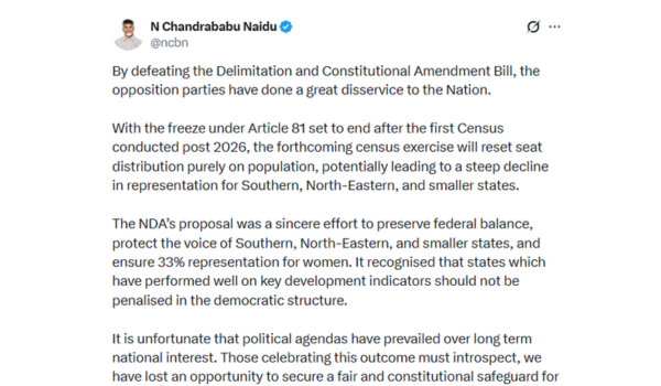 Andhra Pradesh CM Chandrababu Naidu slams Congress-led opposition over Women’s Reservation Bill