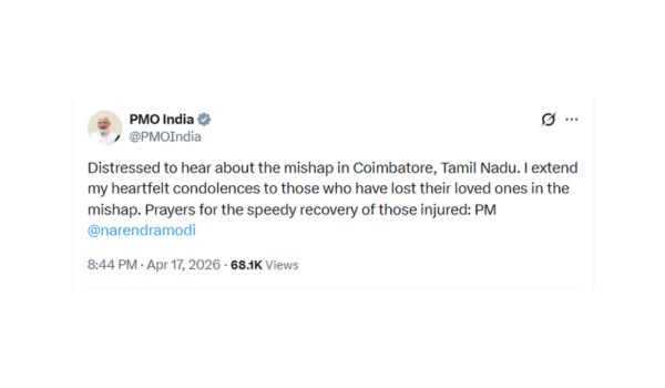 PM Modi expresses grief over mishap in Coimbatore, Tamil Nadu