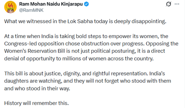 Opposition chose obstruction over women’s empowerment, says Union Minister K Rammohan Naidu