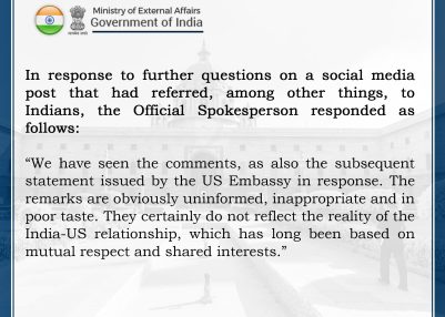 New Delhi calls remarks on Indians ‘uninformed’ and ‘inappropriate’