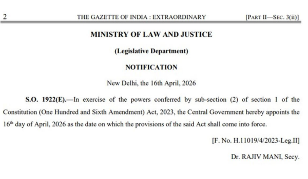 Nari Shakti Vandan Adhiniyam comes into force, ensuring one-third reservation for women