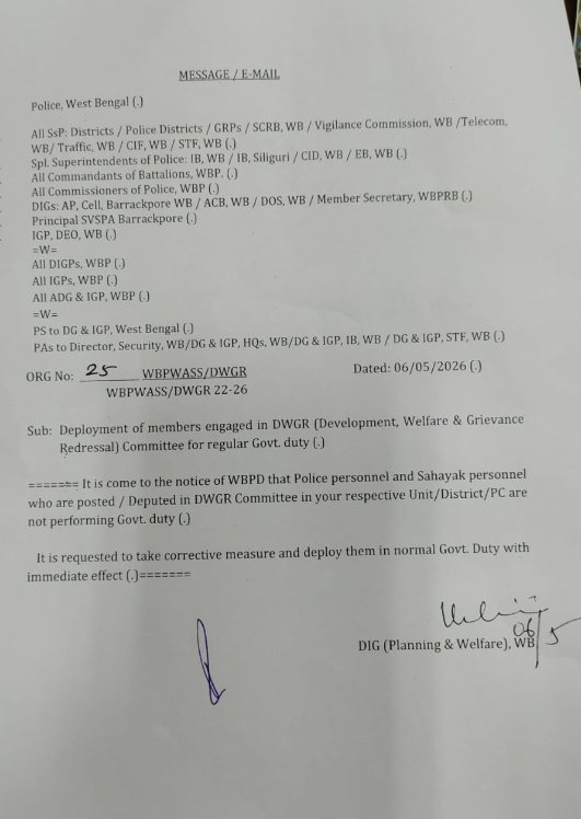 রাজনৈতিক পালাবদলের আবহে বিদায়ী মুখ্যমন্ত্রী মমতা ব্যানার্জির উদ্যোগে গঠিত পশ্চিমবঙ্গ পুলিশ ওয়েলফেয়ার কমিটির সদস্যদের অবিলম্বে নিয়মিত সরকারি কাজে ফিরিয়ে আনার নির্দেশ দেওয়া হয়েছে।