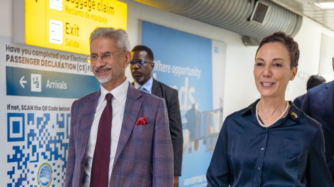 EAM Jaishankar reaches Kingston; warmly welcomed by Jamaican counterpart Kamina J Smith