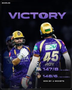 IPL 2026: Kolkata Knight Riders beat Mumbai Indians by 4 wickets to keep their Playoff hopes alive