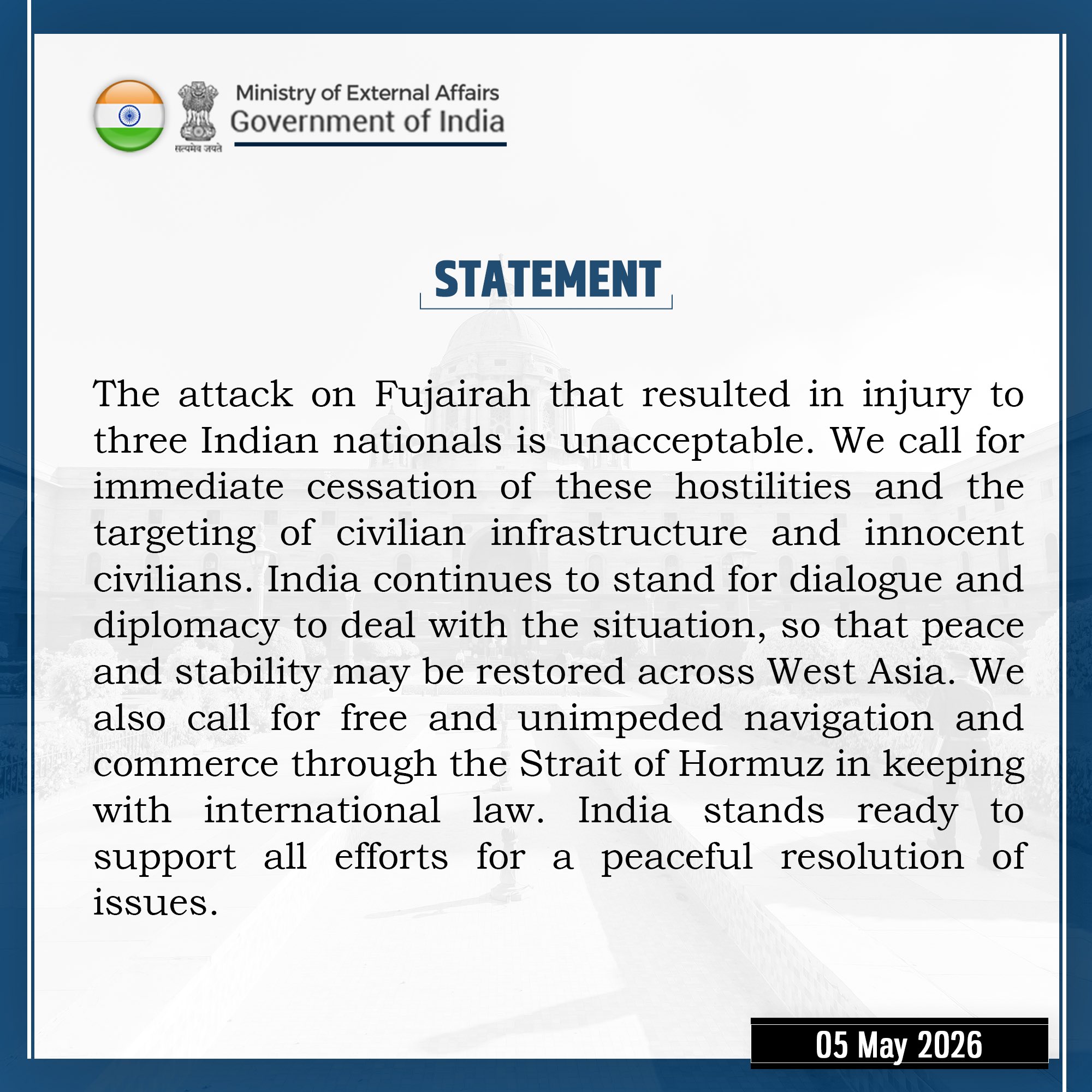 India condemns attack on Fujairah Petroleum Industries Zone in UAE